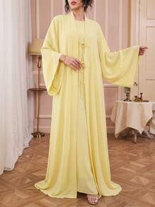Solessence Conjunto de dos piezas de bata sin mangas elegante y cárdigan largo con lazo para mujer, Eid Spring - Amarillo claro - Ver 1