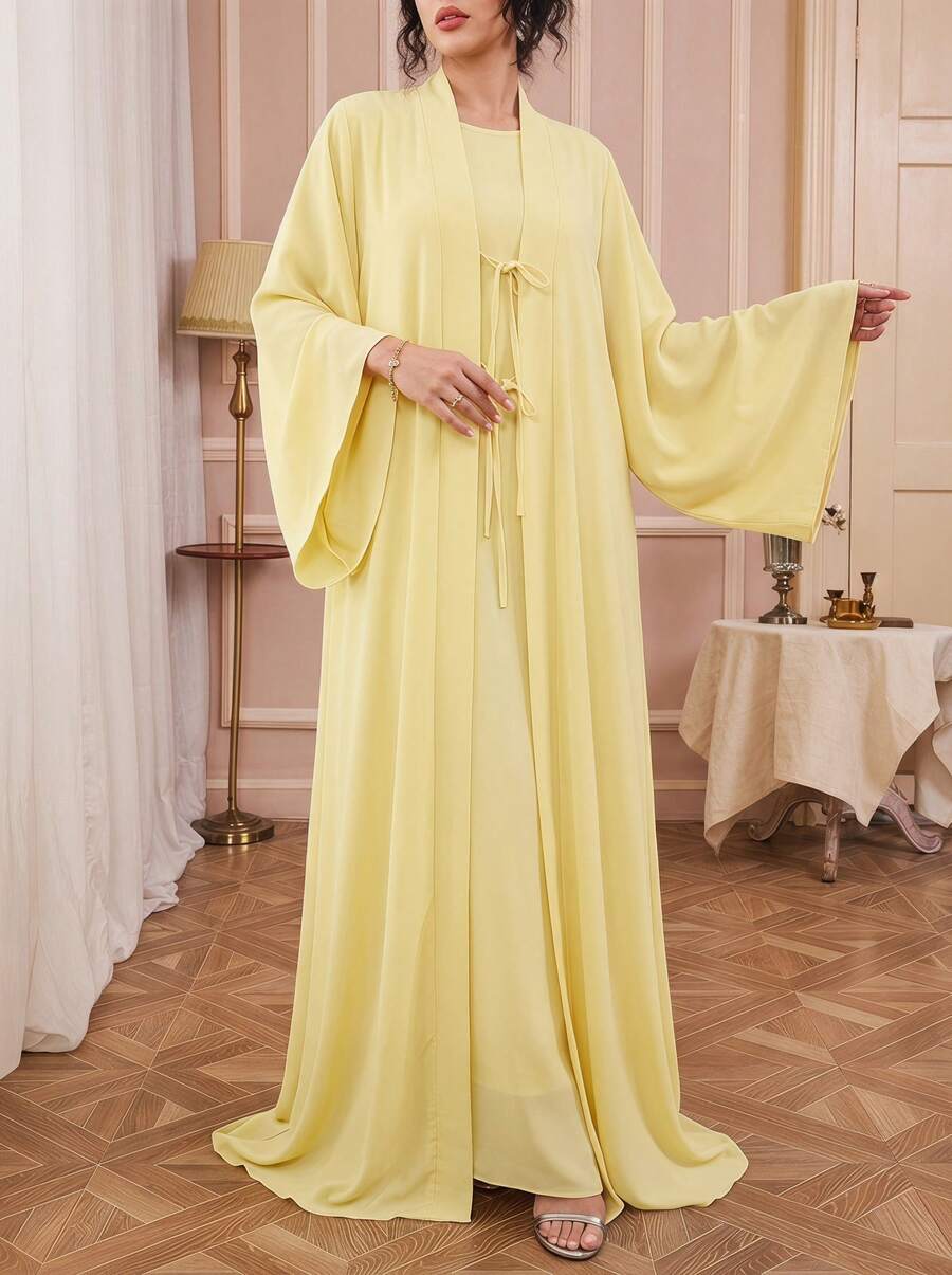 Solessence Conjunto de dos piezas de bata sin mangas elegante y cárdigan largo con lazo para mujer, Eid Spring - Amarillo claro - Ver 1