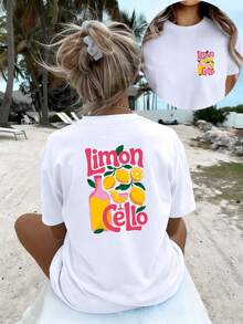 Plus Size - Plus Size - Resort Wear Vacation Style Lemon Bottle Glass Print Fashionable And Elegant Women's T-Shirt, Casual And Versatile Easy And Comfortable Short-Sleeved Top, T-Shirt New Women's Summer Clothing Summer Tops - White - View 6