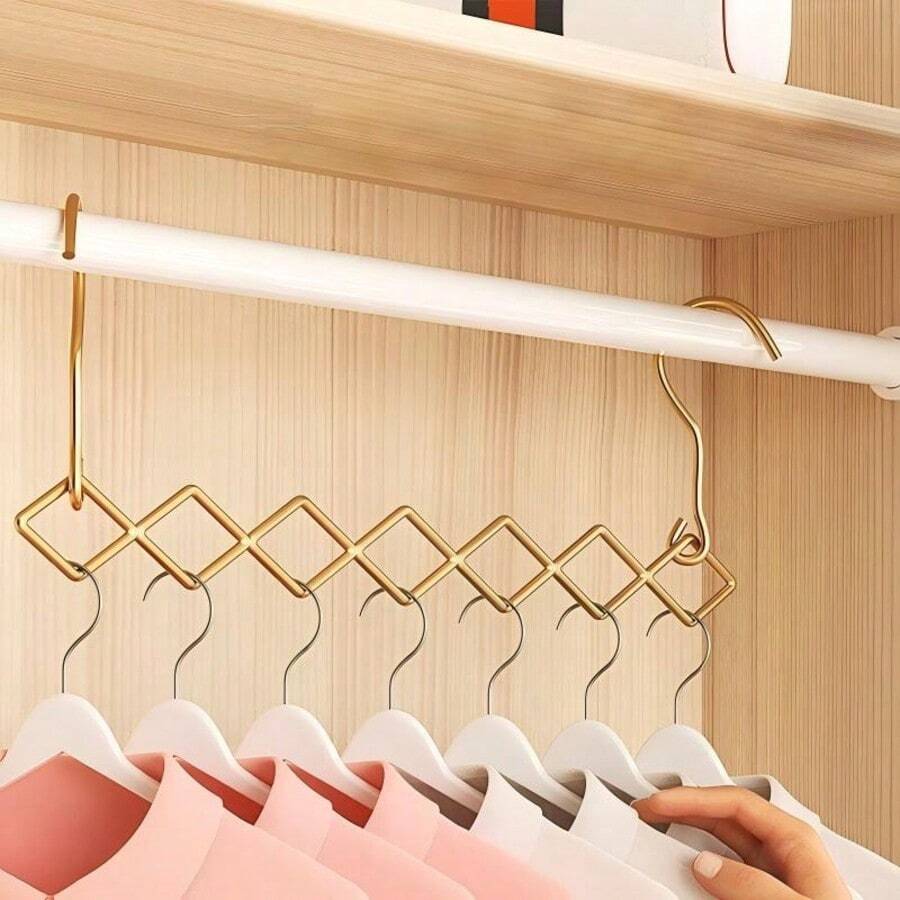 1pc Foldable W Shaped Clothes Hanger Organizer, 7 Hole Space Saving Closet Storage Rack Dual Hook Horizontal Vertical Hanging, Stainless Steel Material, Modern Home Storage Style, W Shape Pattern, Utility Hooks, For Easter Spring Home Essentials