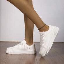 Zapatillas casuales unisex, zapatos planos con cordones, zapatillas de moda, zapatos vulcanizados de corte bajo, adecuados para primavera y otoño - Blanco - Ver 8