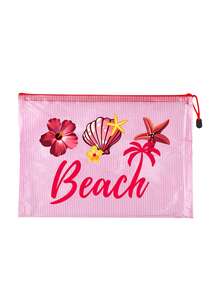 多色防水時尚網格沙灘包，印有「Beach」字樣的化妝包，羽毛花朵、朱槿、海星、貝殼和珍珠元素，大容量透明化妝包，尼龍拉鍊盥洗包，輕巧，可存放防曬霜、零食、比基尼和沙灘必需品，適合送給朋友、家人、閨蜜、同學的生日、節日、派對、婚禮（伴娘）、教師節禮物與紀念品，郵輪必備，夏季度假禮物 - 彩色 - 查看 15