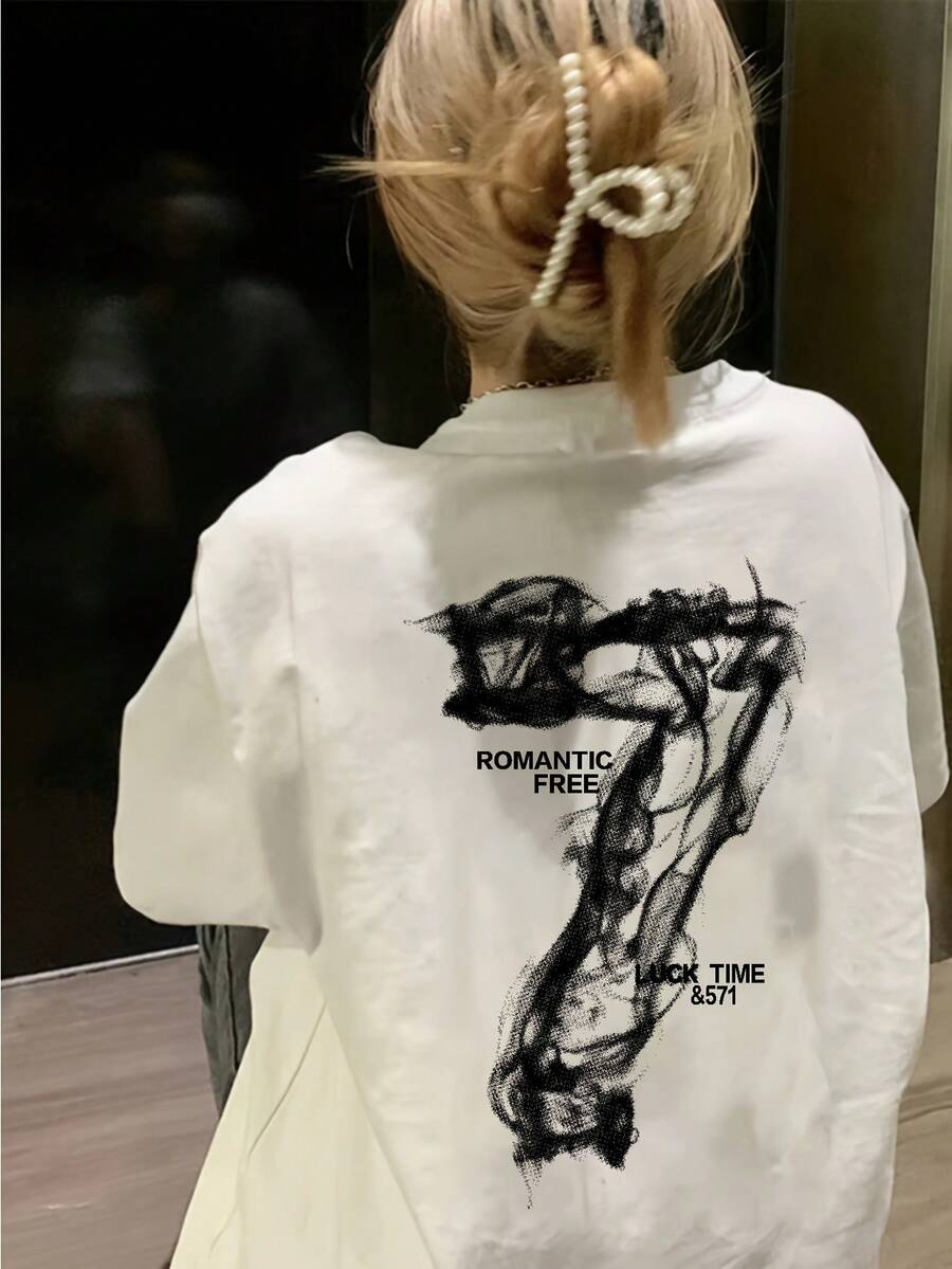 Women's 100% Cotton T-Shirts 2026 Oversized Y2K Letter And Smoke Print T-Shirt For Men And Women - Korean Style, Drop Shoulder, Loose Fit, Smoke Letter Top, Summer Casual Wear, Machine Washable, Unisex T-Shirt Suitable For Summer Outfits And Layering Pieces, Korean Style - White - View 1
