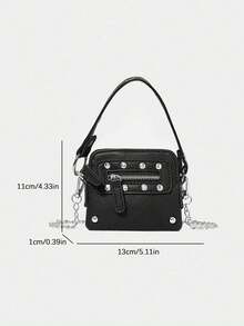 Fashion Cool Punk Rivet Zipper Mini Motorcycle Bag, Portable Slung Dual-Purpose Metal Chain Bag, Niche Versatile Texture Street Wind Small Square Bag, Personalized Classic Fashion Rivet Chain Envelope Bag, Suitable For Shopping, Daily Commuting And So On. - Black - View 5