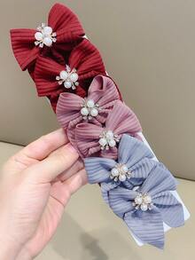 8pcs Solid Color Striped Fabric Bow Hair Clips With Pearl Rhinestone Decor, Cute Girl's School Style Hair Accessories, Suitable For Daily Wear And Party - Multicolor - View 7