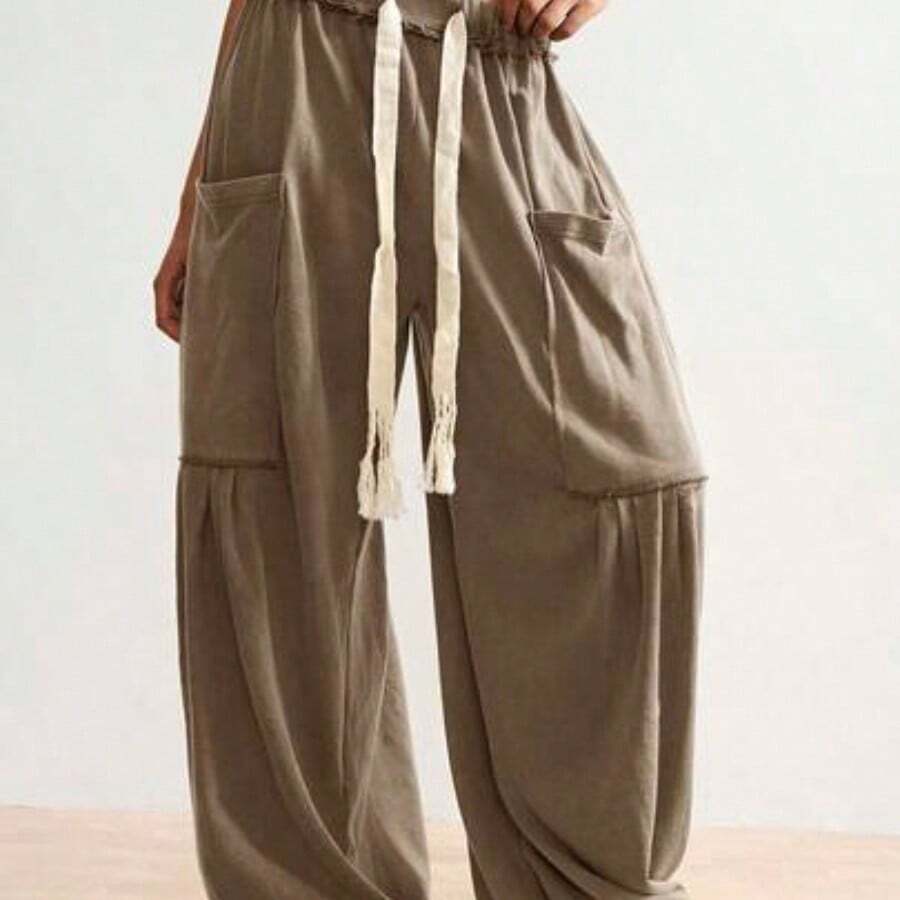 BohoFeels Plus Size Drawstring Waist Loose Pocket Wide Leg Pants - Marrón - Ver 1