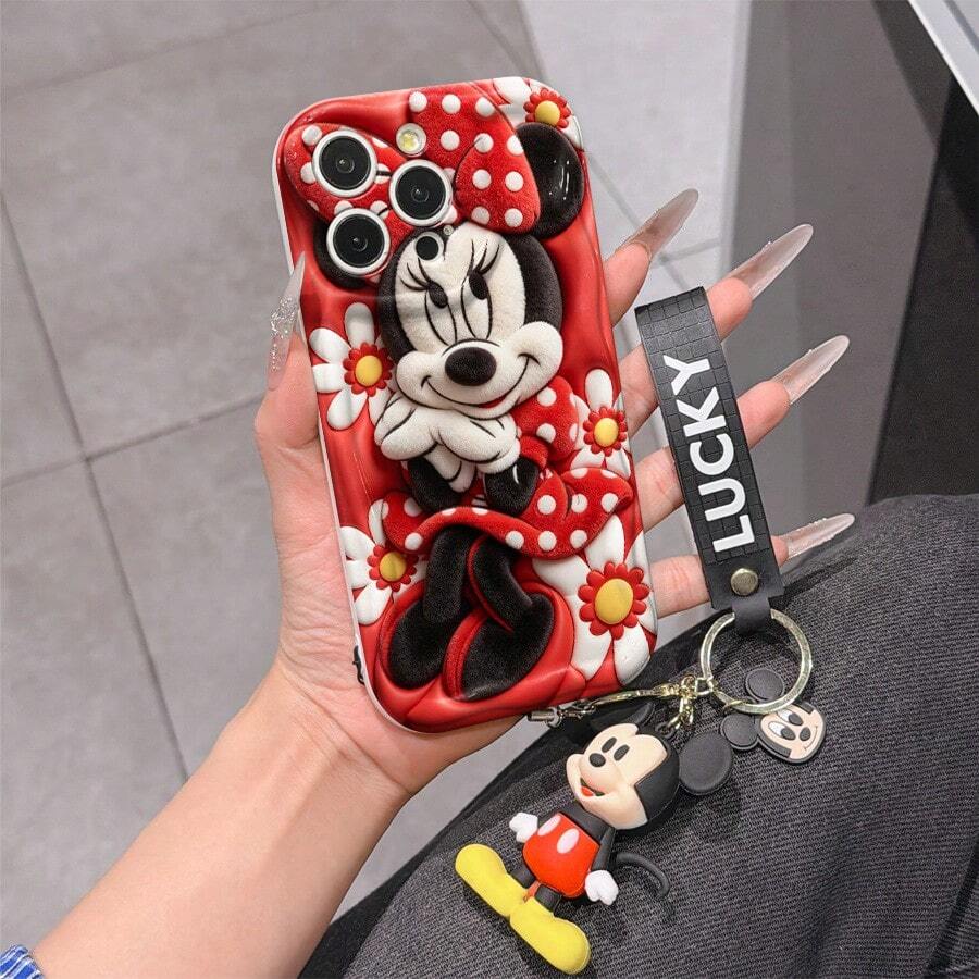 Disney Mickey Mouse Clubhouse Phone Case : 3D Fluffy Pattern Border Protector Phone Soft Phone Case With A Free Cute Mickey Bracelet Chain Lanyard, Mickey, Minnie, Goofy, Donald Duck, Daisy Duck, Pluto, For Apple 17 Promax 17 Pro 16 15 14 13 12 11 Pro Max XS Max X XR Soft Cover Summer Phone Case - 白色 - 查看 1