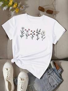 Camiseta de Mujer - Camiseta casual de manga corta para mujer - Transpirable, opaca, de cuello redondo, se puede combinar con una camisa, presenta estampado floral geométrico, adecuada para primavera, verano y otoño, camiseta base opaca lavable a mano, ideal para usar en capas y para uso casual, camisetas de diseño temático para mujer. - Blanco - Ver 1