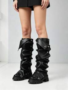 Women's Ruched Slouchy Knee High Boots Chunky Heels Round Toe Pull On Detachable Buckle Party Dress Sexy Shark Boots Woman - Black B - View 3