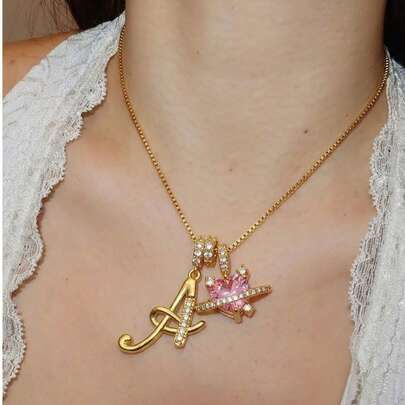 1 chiếc dây chuyền mặt chữ A-Z mạ vàng 18K dễ thương, kèm mặt dây hình trái tim màu hồng, thích hợp cho nữ giới đeo hàng ngày, món quà tuyệt vời cho sinh nhật, ngày lễ, kỷ niệm.