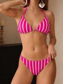 Swim Chiccia Conjunto de bikini a rayas sexy para mujer con pantalones, nueva llegada de trajes de baño para mujer 2026, adecuado para la escuela, vacaciones, citas, té de la tarde, estilo occidental, cruceros, playa, isla, viajes por carretera, todas las estaciones, festivales de música, vacaciones bohemias, vacaciones bohemias, otoño relajado, estilo occidental bohemio, blusas elegantes para mujer - Multicolor 2 - Ver 7