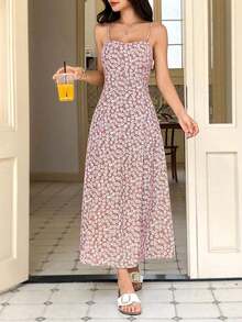 Vestido de playa con tirantes finos y estampado floral ditsy negro para mujeres - Rosa - Ver 3
