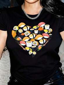 Camiseta Casual de Manga Corta con Cuello Redondo para Mujer - Diseño con Estampado de Corazón de Sushi, 100% Algodón, Top Semitransparente para Verano y Primavera, Camiseta Lavable a Máquina para Amantes de la Comida Japonesa, Moda de Primavera, Camiseta de Tela Transpirable para el Verano. - Negro - Ver 1