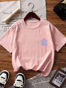 1 pieza de camiseta de manga corta azul claro con estampado para niñas, cómoda y a la moda, ideal para estudiantes y jóvenes en el verano, favorita de las niñas, adecuada para el ocio diario. - Rosa - Ver 5