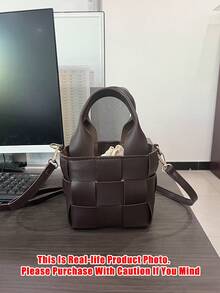 Small Bucket Bag Plaid Pattern Double Handle For Daily - Coffee Brown - View 7