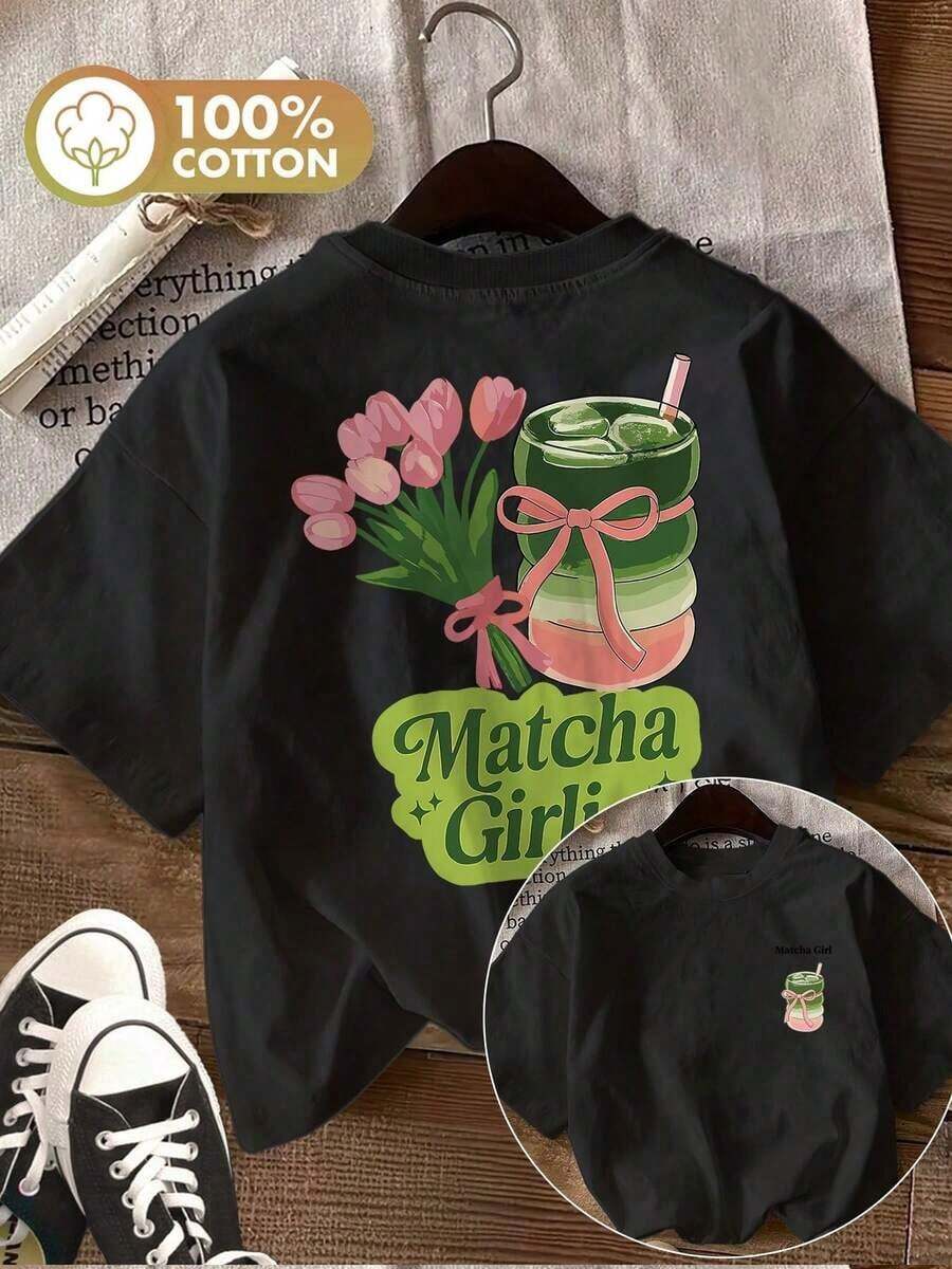 Women's Solid Color T-Shirt With Double-Sided Print, Cute Style, Tulip, Iced Drink And Matcha Design, Casual, Crew Neck, Short Sleeve, Summer Top. - Black - View 1