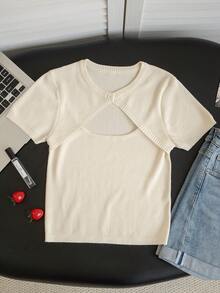 Damen Kurzarm Strick-Top mit Knopf, sexy Street Chic süßer Stil mit Ausschnitt-Design, geeignet für Mädchen, junge Frauen und Damen, ideal für Frühling/Sommer Tag/Nacht, Brunch, Urlaub, Ostern, Schulanfang und Feiertage - Aprikosenfarben - Übersicht 7