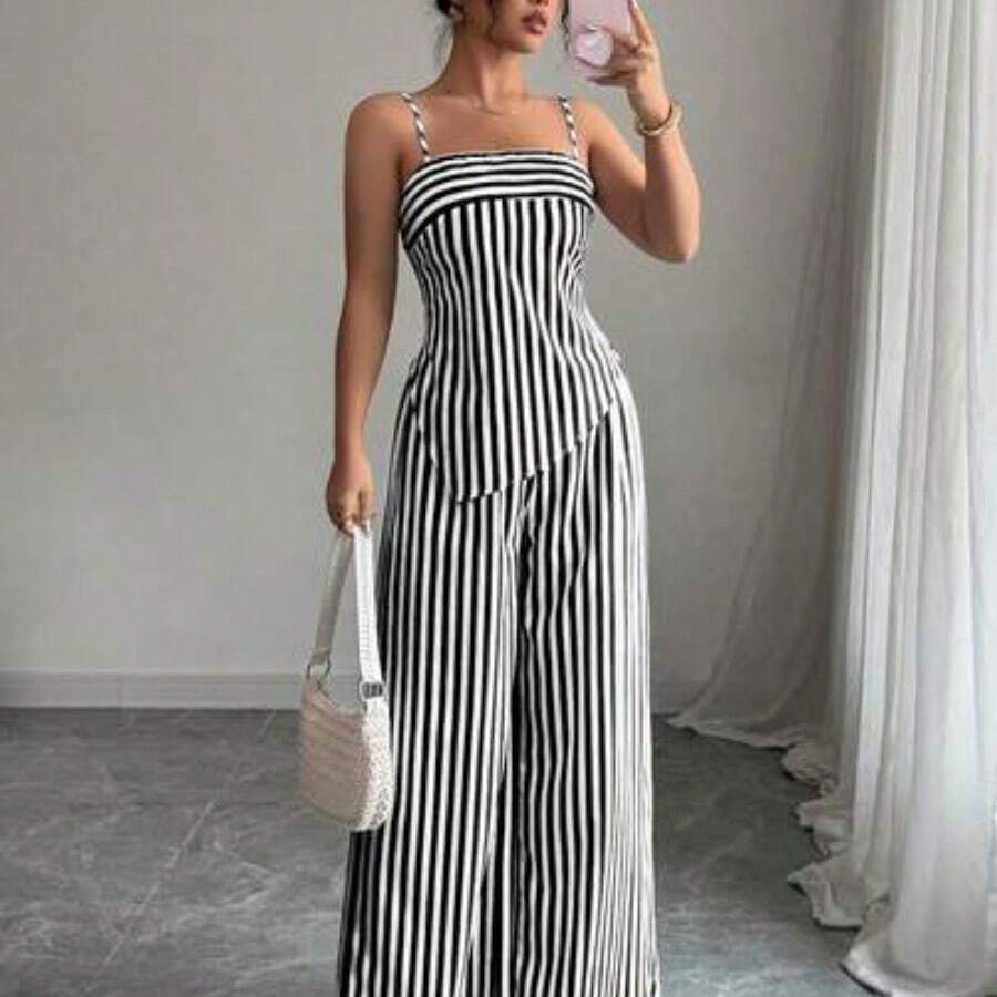 Women's Striped Asymmetric Hem Camisole Top And Wide Leg Pants Casual 2 Pieces Set - Negro - Ver 1