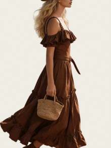 Women's Retro-Style Maxi Dress With Off-The-Shoulder Design, Ruffles, And Side Slit - Brown - View 3