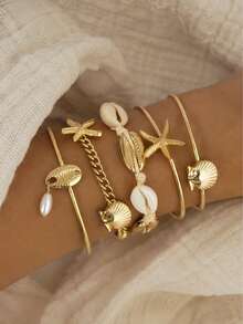 Fashionable Luxury Women's Bracelet Set With Starfish & Shell Pendants, Beach Resort Accessory - Yellow Gold - View 1