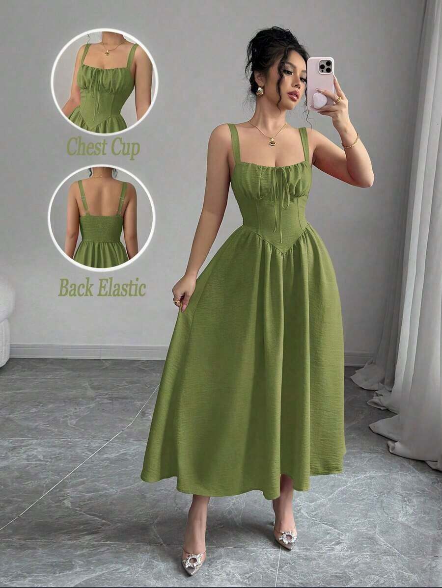 Vestido largo de verano 2025 de color rojo sólido, elegante y con volantes, lazo delantero, espalda con tirantes, cintura asimétrica estilizadora y bajo en forma de A, ideal para el Día de San Valentín y las vacaciones - Verde - Ver 1