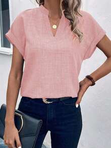 Camisa casual de mujer de manga corta con cuello entallado de unicolor, para verano - Rosa - Ver 7