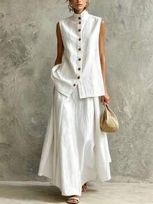 Nuevo 2026 Conjunto Dos Piezas Algodón Lino Drapeado Color Sólido Top Y Falda Estilo Elegante Para Mujer - Blanco - Ver 1