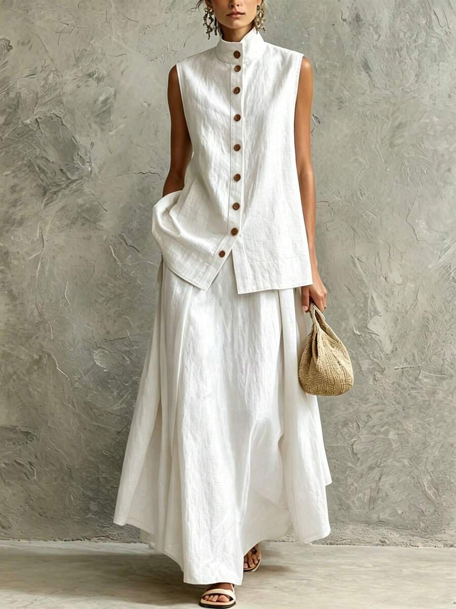 Nuevo 2026 Conjunto Dos Piezas Algodón Lino Drapeado Color Sólido Top Y Falda Estilo Elegante Para Mujer - Blanco - Ver 1