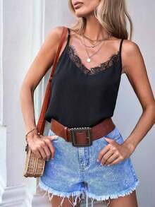 Top Camisola Con Patchwork De Encaje - Negro - Ver 4