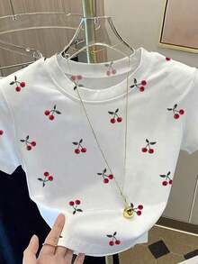 Camiseta de manga corta con ajuste ceñido y estampado digital de frutas versátil y de moda para mujer, Camiseta con estampado completo de flores de cerezo, Camiseta de cereza, Camiseta de frutas - Blanco 2 - Ver 5