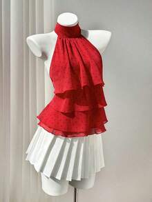 Blusa de cuello halter con volantes y estampado de lunares para mujer - Rojo - Ver 3