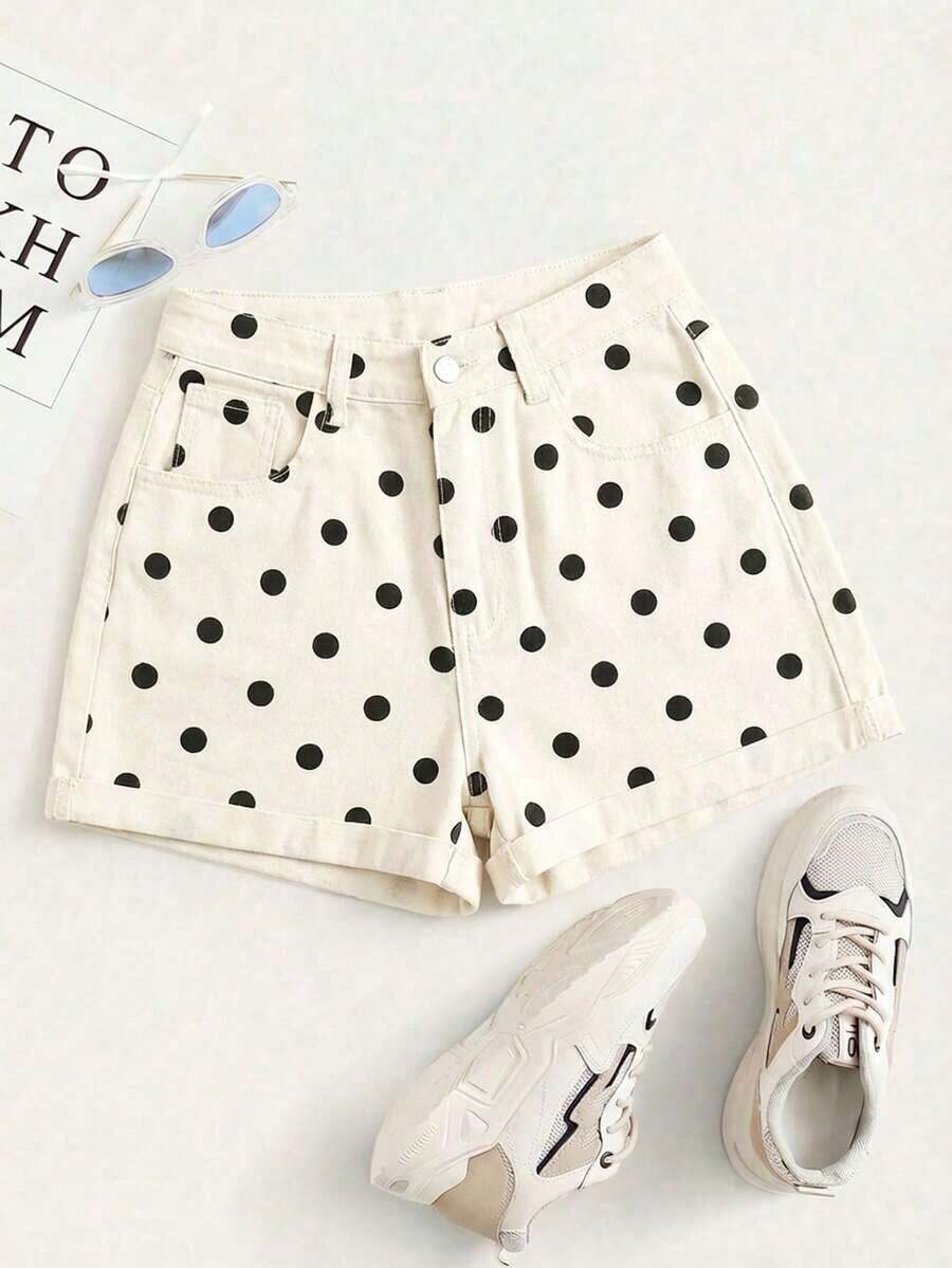 Shorts vaqueros de tiro alto enrollados para verano - Beis - Ver 1
