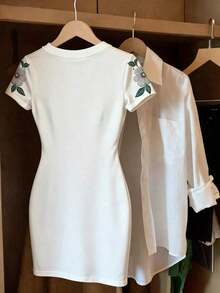 Vestido de mujer de manga corta con cuello redondo y rayas versátil - Blanco 2 - Ver 2