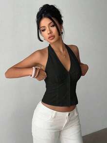 Blazer delgado de mujer de un solo pecho con cuello alto a rayas de algodón para otoño/invierno - Negro - Ver 9