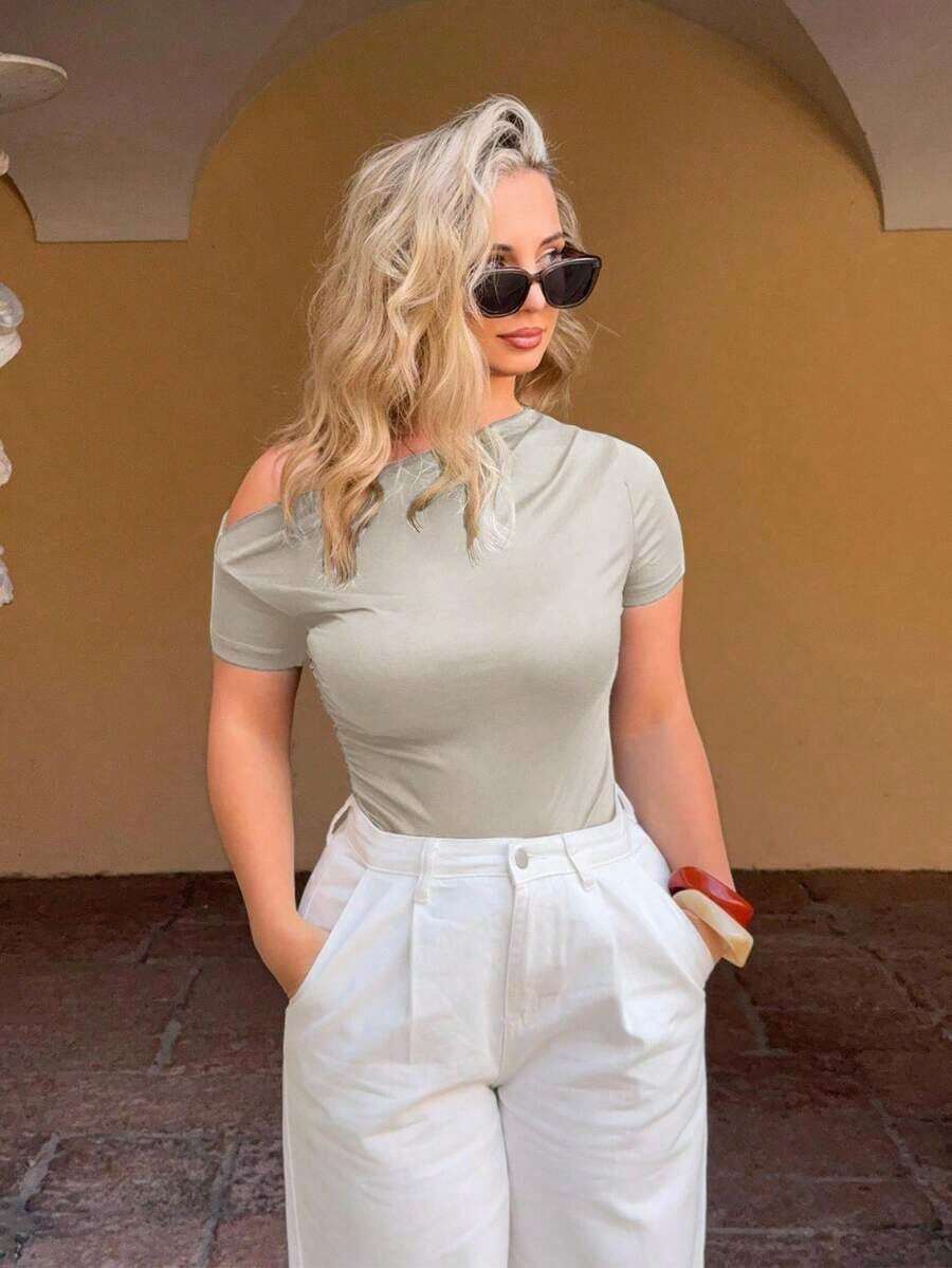 Camiseta Casual Para Mujer De Cuello Asimétrico Y Plisado De Color Sólido - Beis - Ver 1