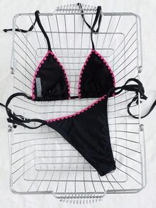 Bikini de mujer de unicolor con escote halter y lazos, estilo sexy, minimalista y elegante para playa, vacaciones, viajes y fiestas, nueva colección primavera/verano - Rosa negra capullo rojo - Ver 3