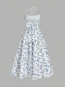 Vestido de verano con estampado floral elegante y lazo en la cintura para mujer - Azul y blanco - Ver 2
