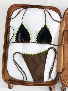 Bikini de mujer de unicolor con escote halter y lazos, estilo sexy, minimalista y elegante para playa, vacaciones, viajes y fiestas, nueva colección primavera/verano - brotes fluorescentes marrones - Ver 3