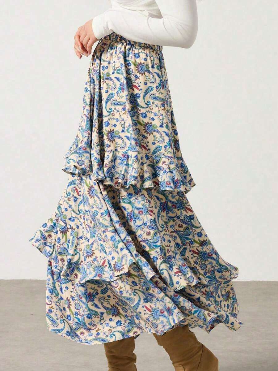 Falda con cintura elástica, volantes y estampado de paisley, estilo de vacaciones de verano para mujer - Azul - Ver 1