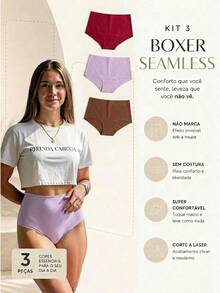 Kit 3 Seamless Boxer Briefs Laser Cut Women's Boxer Briefs Lingerie No Brand - 彩色 - 查看 1