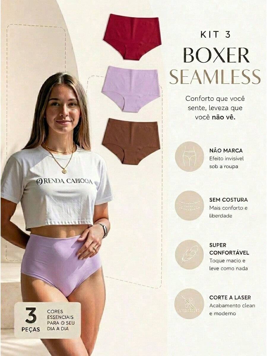 Kit 3 Seamless Boxer Briefs Laser Cut Women's Boxer Briefs Lingerie No Brand - 彩色 - 查看 1