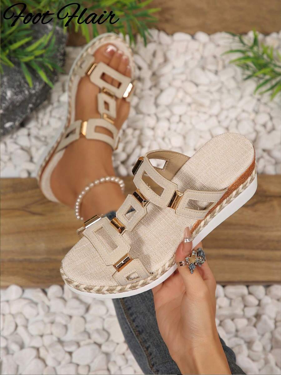 Foot Flair Women's Plus Size Fashion Retro Open Toe Rope Sole Sandals, Geometric Pattern Bohemian Vintage Chic Rivet Decor Thick Sole Sandals, Suitable For Weddings, Parties, Vacations, Summer And Other Occasions, Women's Wedge Thick Sole Sandals