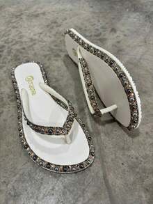 Chinelo De Dedo Rasteirinha Feminino Pedra Turquesa Presente Ano Novo Verão Praia Moda Blogueira Luxo - Branco - Visão 5