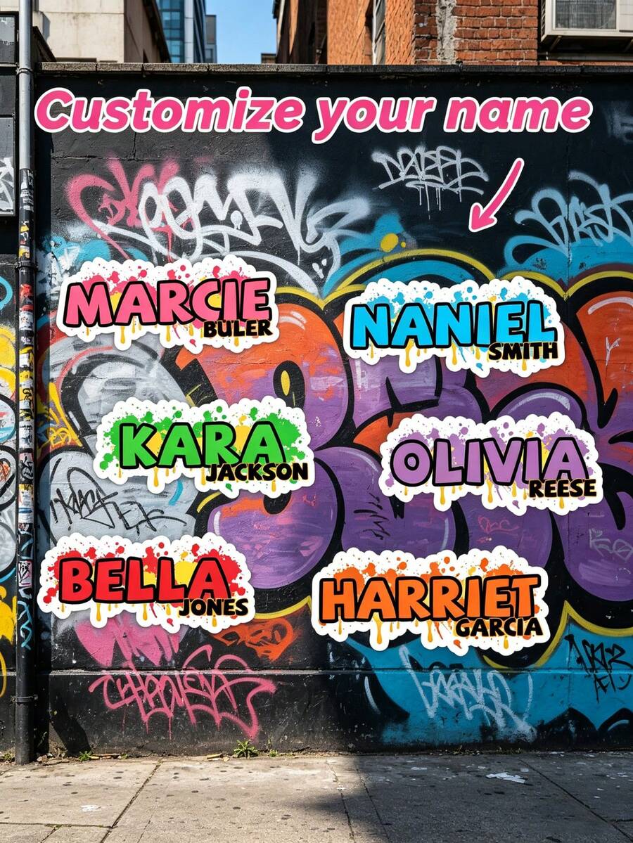 Graffiti Name Stickers: Customizable Text, Waterproof Personalized Sticker Labels. Custom Graffiti Name Stickers: Personalized Die-Cut Vinyl Stickers. - Multicolor - View 1