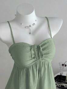 Camiseta de tirantes con volantes de unicolor lindo para damas, ropa de verano para la universidad - Verde - Ver 4