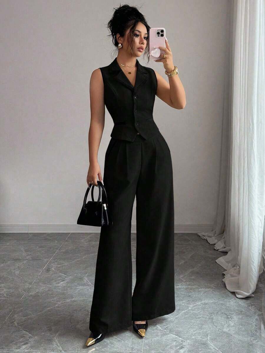 Traje de chaleco y pantalones con ribete de contraste elegante para mujer, todos los atuendos para mujer, de vuelta a la escuela, atuendos de maestra para mujer, vestido de invitada de boda elegante, casual de negocios para mujer, vestido de in - Negro - Ver 1