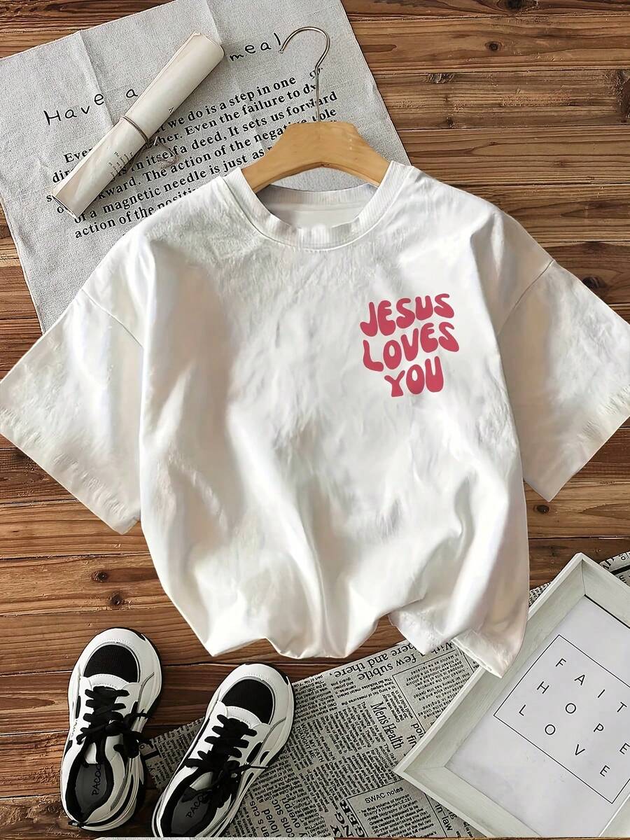 Women's Inspirational T-Shirt, "Jesus Loves You" Letter Print, Short Sleeves, Crew Neck, Casual Top, All-Season Knit Fabric, 100% Cotton, 180 G/M² - Regular Length, Y2k T-Shirt Shirt - 白色 - 查看 1