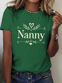 Camiseta casual de manga corta y cuello redondo con diseño de estampado de niñera en forma de corazón, perfecta para primavera y verano, exclusiva para mujeres. - Verde - Ver 1
