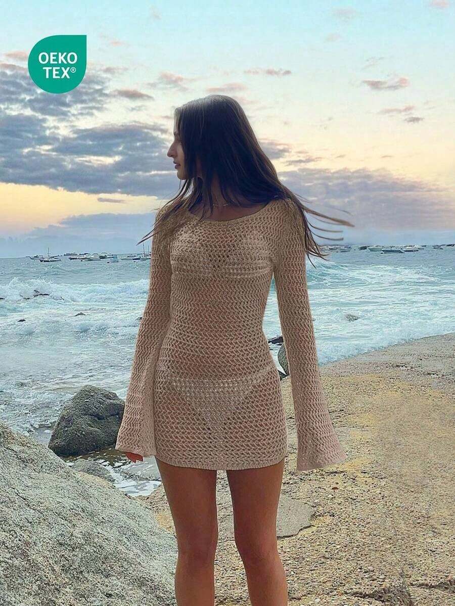 Vestido corto de punto transparente con espalda descubierta y diseño calado, para playa y vacaciones, de unicolor y manga larga, para primavera/verano - Caqui - Ver 1