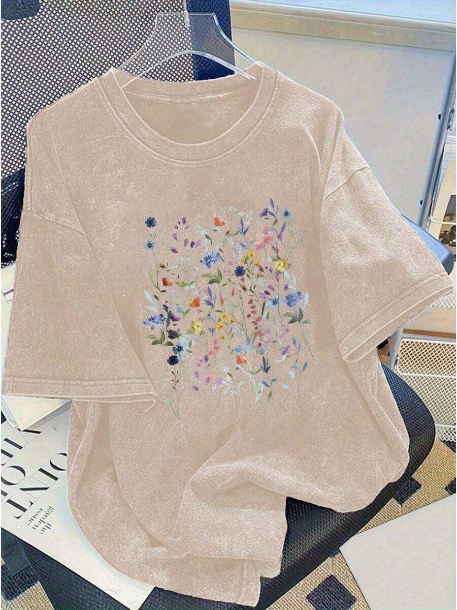 Women's Printed Washed Cotton T-Shirt - 230g Thick Cotton, Vintage Urban Style, Crew Neck, Short Sleeve, Machine Washable, Suitable For Casual Spring And Summer Wear, A Unique Loose Fit T-Shirt, A Popular Choice For Everyday Wear, Perfect Holiday Gift. Skin-Friendly - High Quality - 杏色 - 查看 1